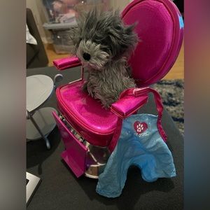 American doll Salon chair, dog and table with smock, Pom Pom knot scarf box